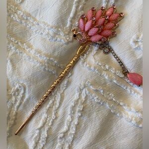 Gold Pink Rhinestone Peacock Hair Stick Hair Pin